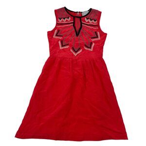 Chloe Oliver Anthropologie 100% SILK Coral Fit & Flare Dress XS Tribal Aztec